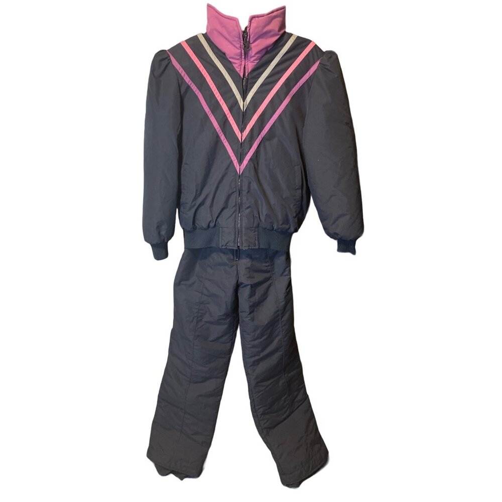 Vintage UAI Sport  Ski Suit Black & Pink Colorblock Insulated Snowsuit Sz 14